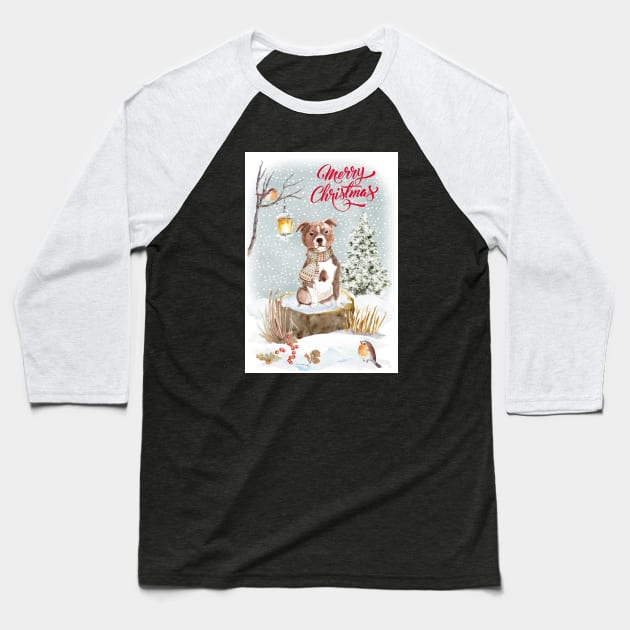 Staffordshire Bull Terrier Merry Christmas Santa Dog Baseball T-Shirt by Puppy Eyes